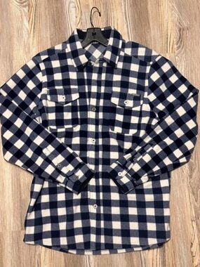 Eddie Bauer Men's Navy and White Plaid Button-Up Shirt